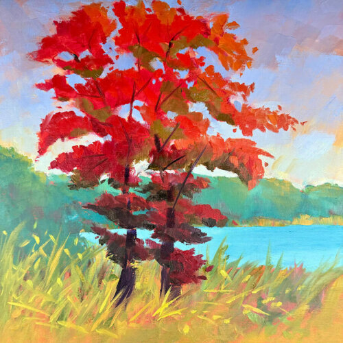 Crimson Leaves Golden Dreams Painting by Stephanie Schlatter